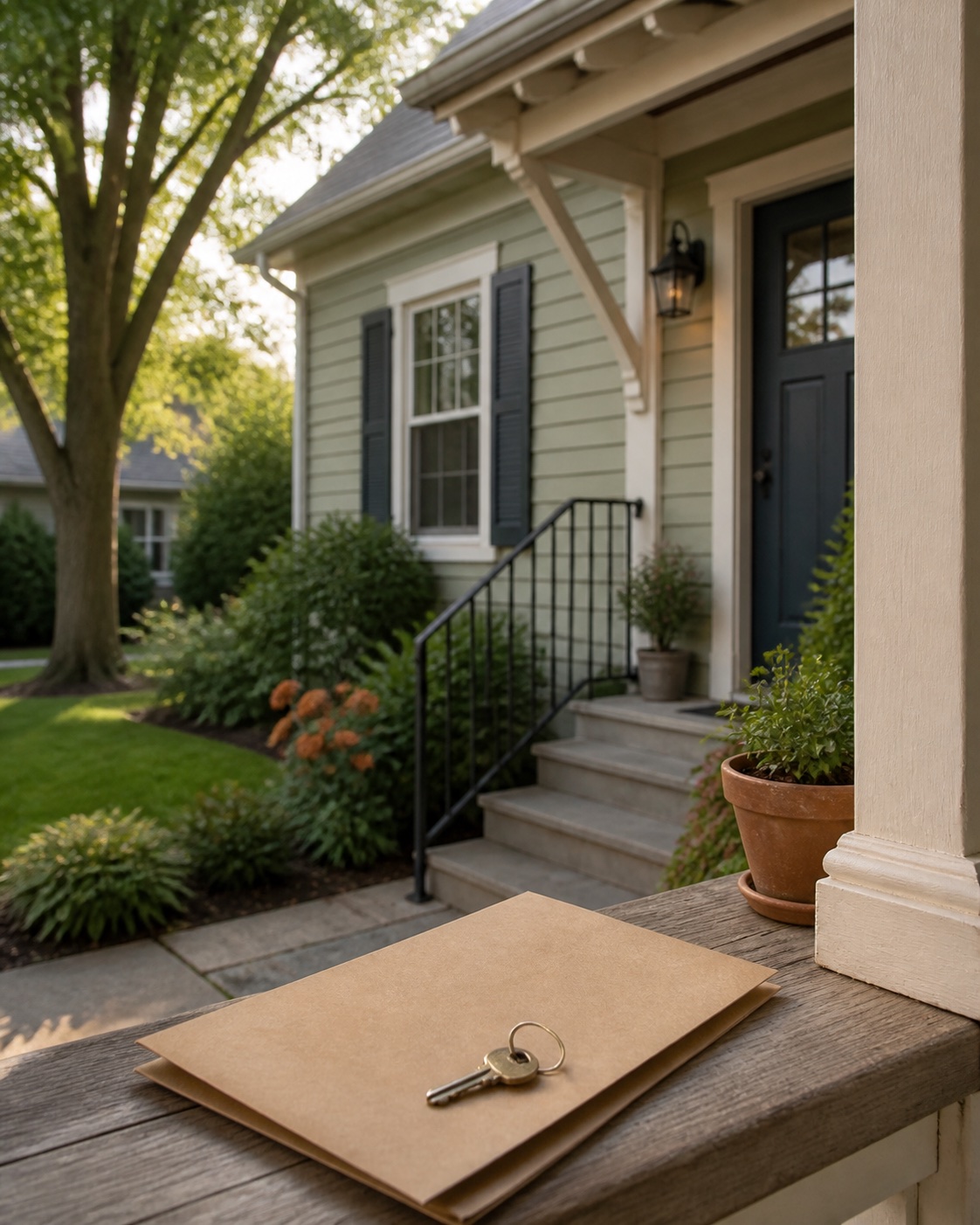 Front porch of an inherited home with a house key and property folder